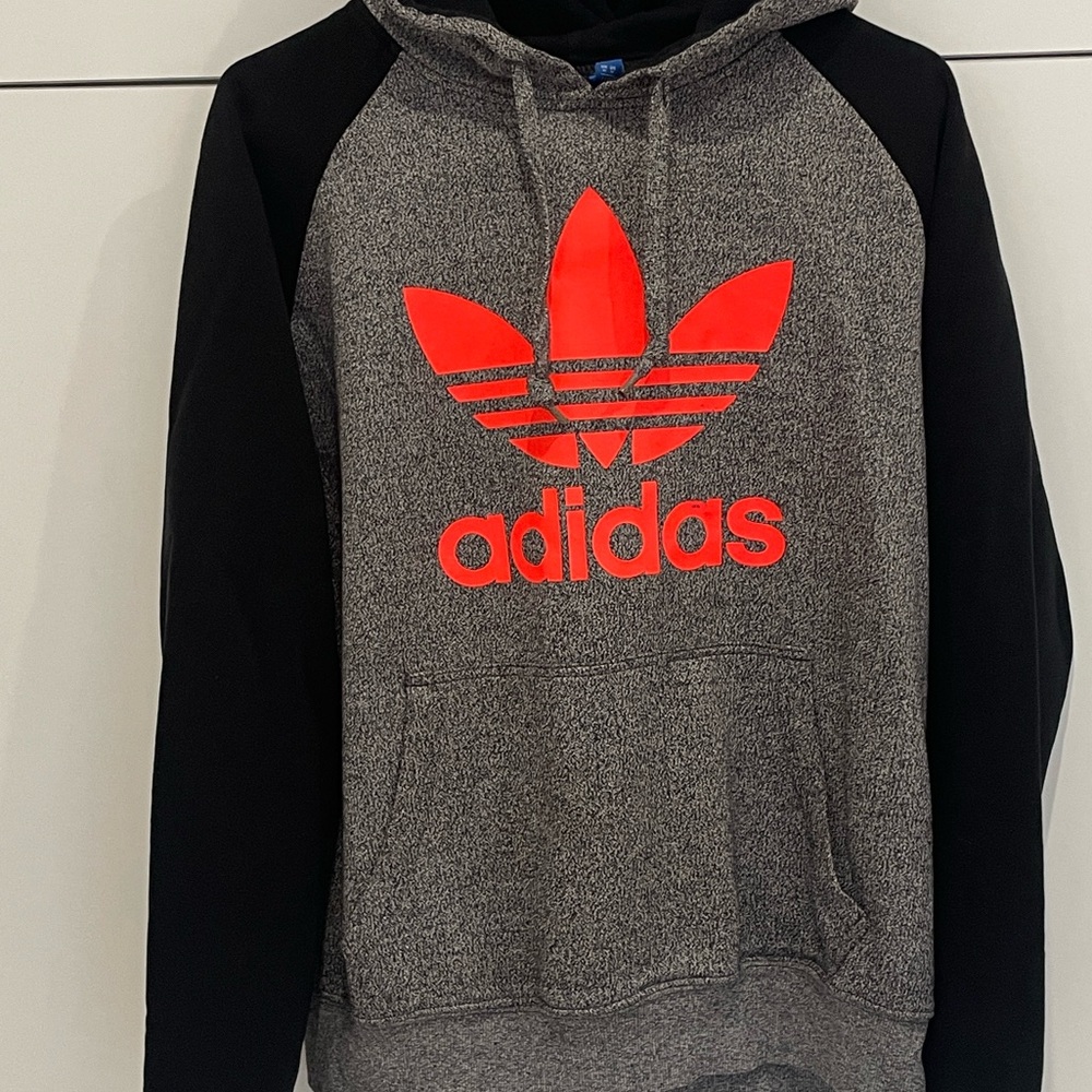 Adidas Originals Gray Raglan Hoodie Red Trefoil Black Sleeve Raw Edge Medium - Picture 4 of 11